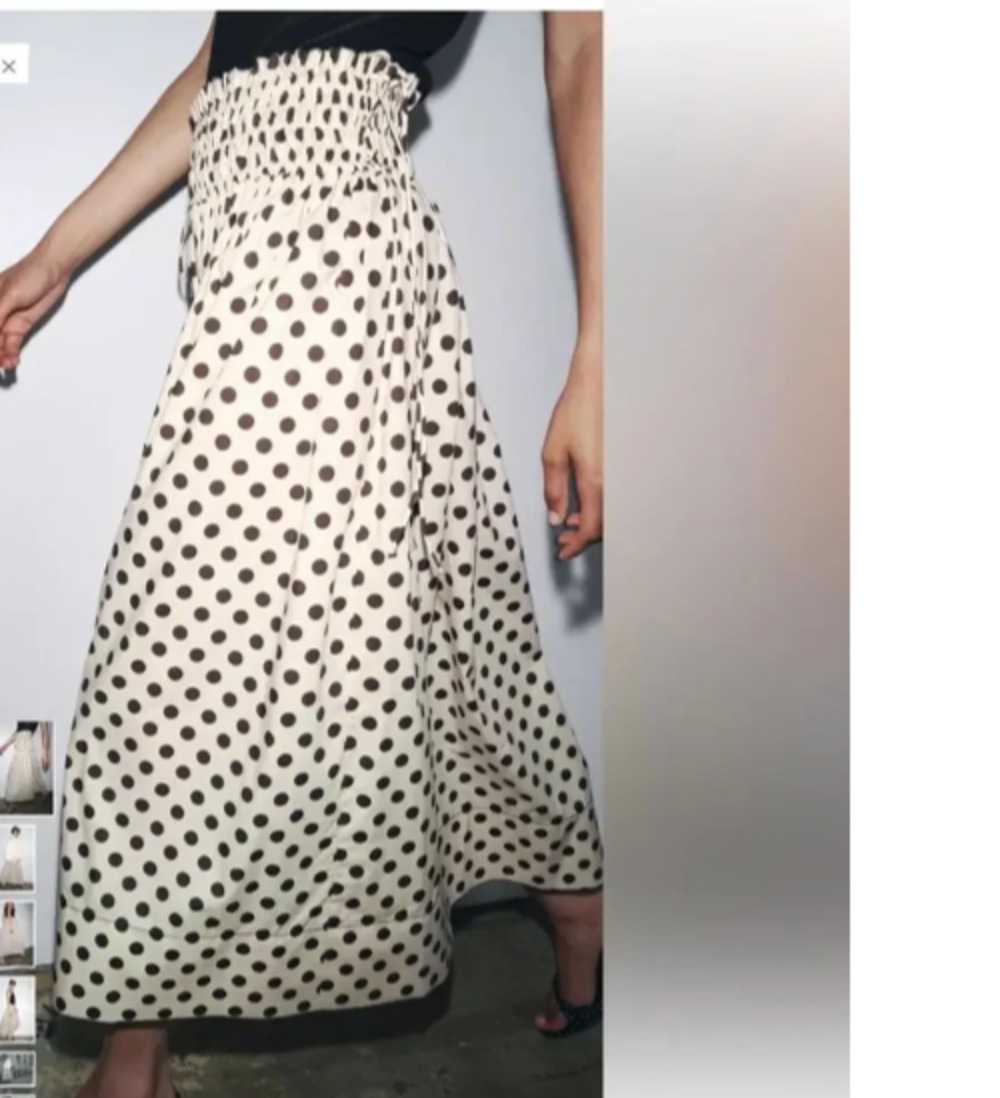 Zara Ecru & Brown Polka Dot Cotton Midi Skirt with Shirred Elastic Waist